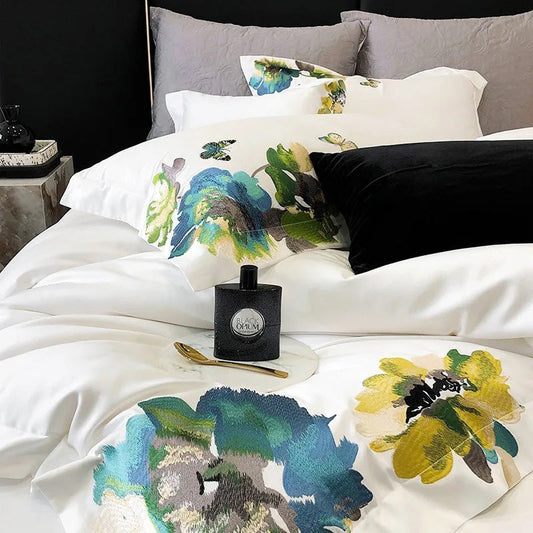 Adonis Floral Embroidered Egyptian Cotton Bedding Set Bedding_Bestsellers Border Color_White Cotton Cover Duvet Egyptian Embroidered King size bedding Material_Egyptian Cotton Motif Queen size bedding Set Size_California King Size_Double Size_King Size_Queen Size_USA King Size_USA Queen Thread Count_800TC