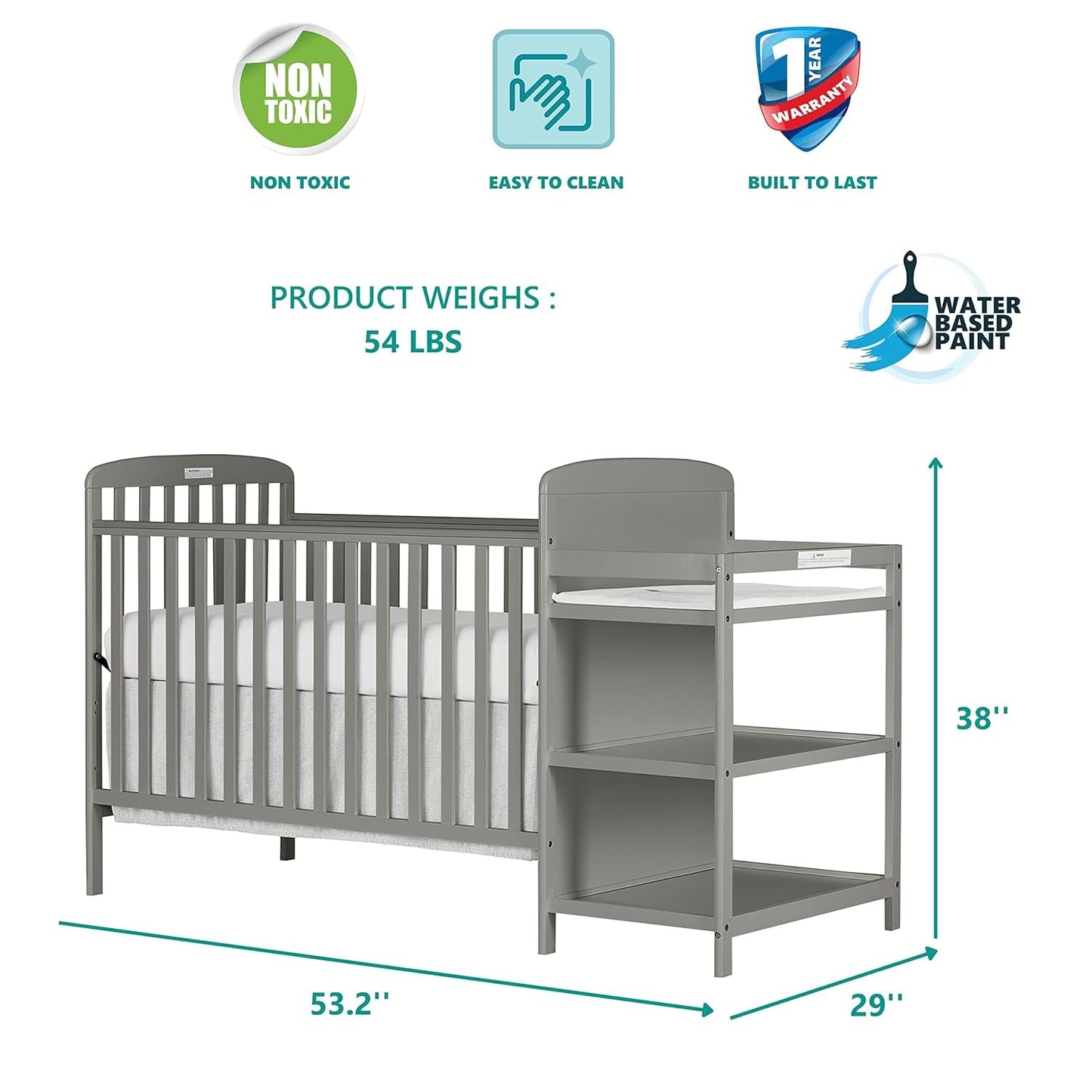 Anna 3-In-1 Full-Size Crib and Changing Table Combo in Steel Grey, Greenguard Gold Certified, Non-Toxic Finishes, Includes 1" Changing Pad, Wooden Nursery Furniture Baby Products Changing & Dressing Changing Tables Furniture Nursery