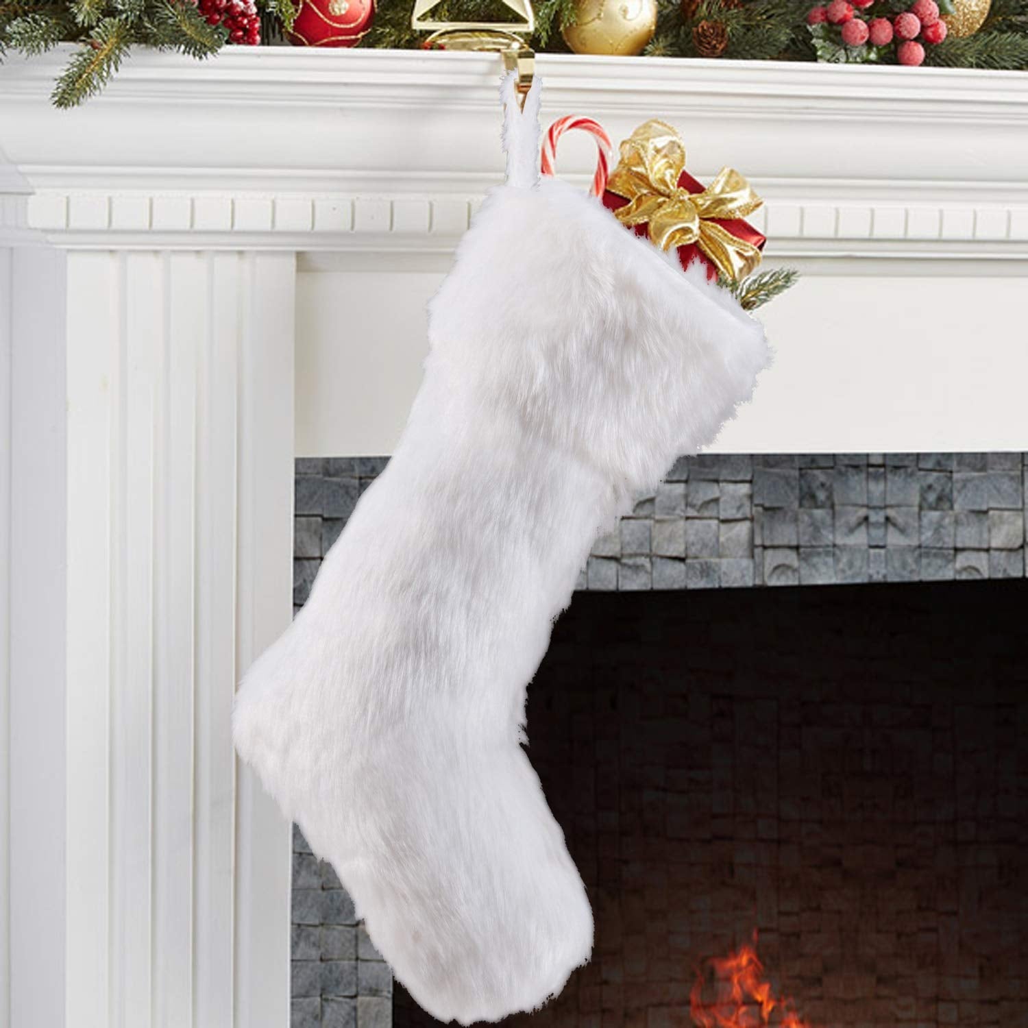 Christmas Stockings, 2 Pcs 18 Inches Large Snowy Luxury Hanging White Faux Fur Christmas Stocking for Family Holiday Party Christmas Fireplace Decorations (White) Home & Kitchen Seasonal Décor Stockings Stockings & Holders