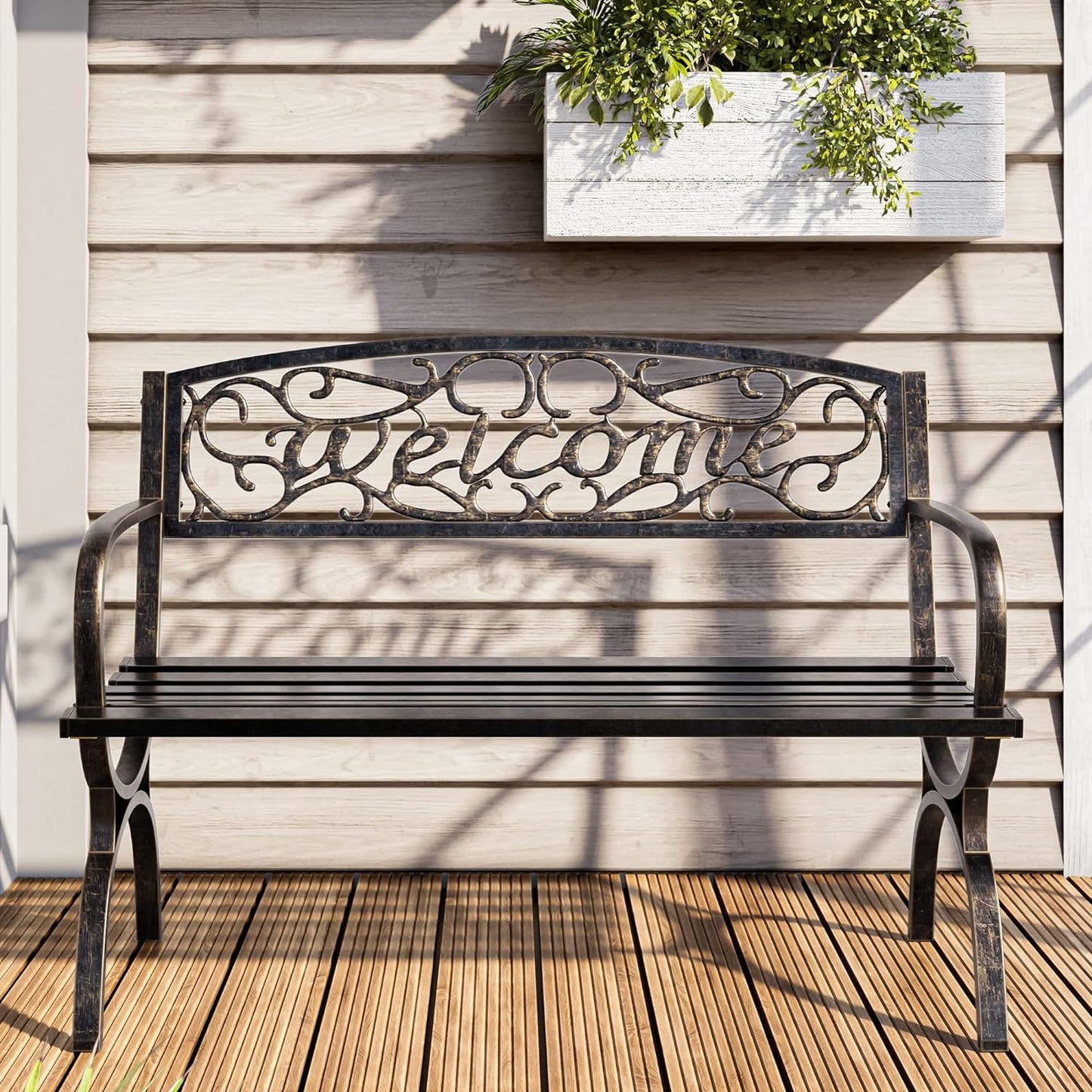 BELLEZE Outdoor Bench, 50-Inch Patio Garden Bench, Cast Iron Metal Loveseat Chairs, for Park, Porch, Lawn, Balcony, Backyard, Garden Accessories, Welcome Design, Bronze Benches Lawn & Garden Patio Patio Furniture & Accessories Patio Seating