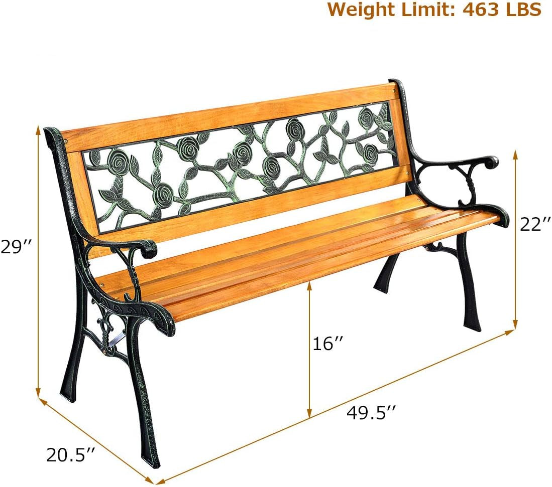 Giantex 50'' Patio Park Garden Bench, Outdoor Furniture Rose Cast Iron Hardwood Frame Porch Loveseat for 2 Person Outdoor Clearance Benches Lawn & Garden Patio Patio Furniture & Accessories Patio Seating