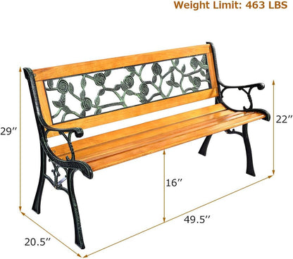 Giantex 50'' Patio Park Garden Bench, Outdoor Furniture Rose Cast Iron Hardwood Frame Porch Loveseat for 2 Person Outdoor Clearance Benches Lawn & Garden Patio Patio Furniture & Accessories Patio Seating