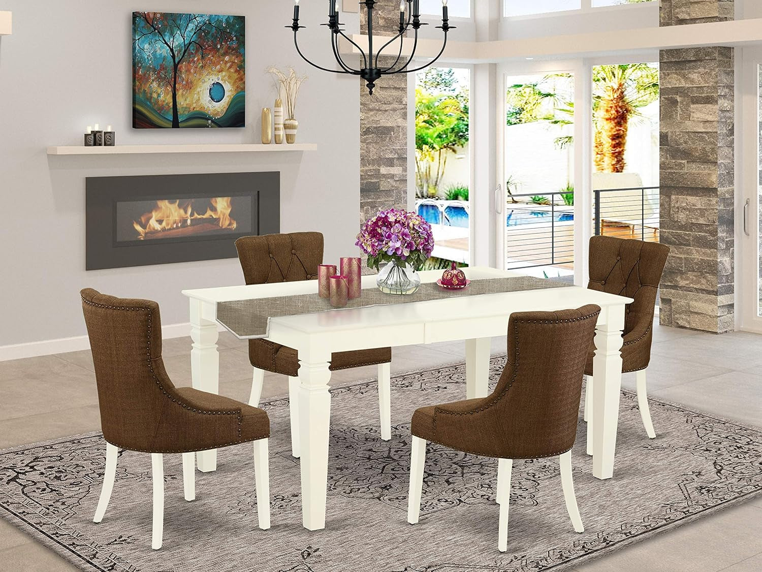 East West Furniture WEFR7-WHI-18 7 Piece Dining Room Set Consist of a Rectangle Kitchen Table with Butterfly Leaf and 6 Brown Fabric Parson Chairs, 42X60 Inch, Linen White Dining Room Furniture Furniture Home & Kitchen Table & Chair Sets