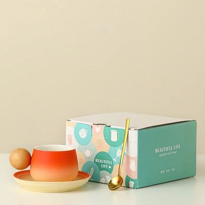 Matte Gradient Ceramic Mug Set with Wooden Handle