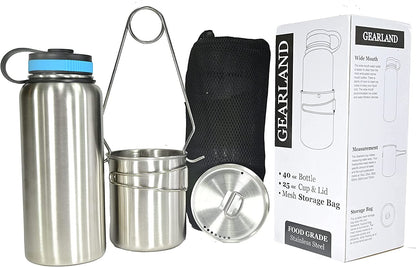 Canteen Stainless Steel Water Bottle with Nested Camping Cup and Lid for Bug Out Bag, Bushcraft Gear, Metal Canteen with a Wide Mouth Water Bottle and Mess Kit Camping & Hiking Canteens Hydration & Filtration Outdoor Recreation Sports & Outdoors