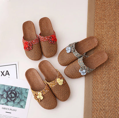Woven Floral Natural Rattan House Slippers