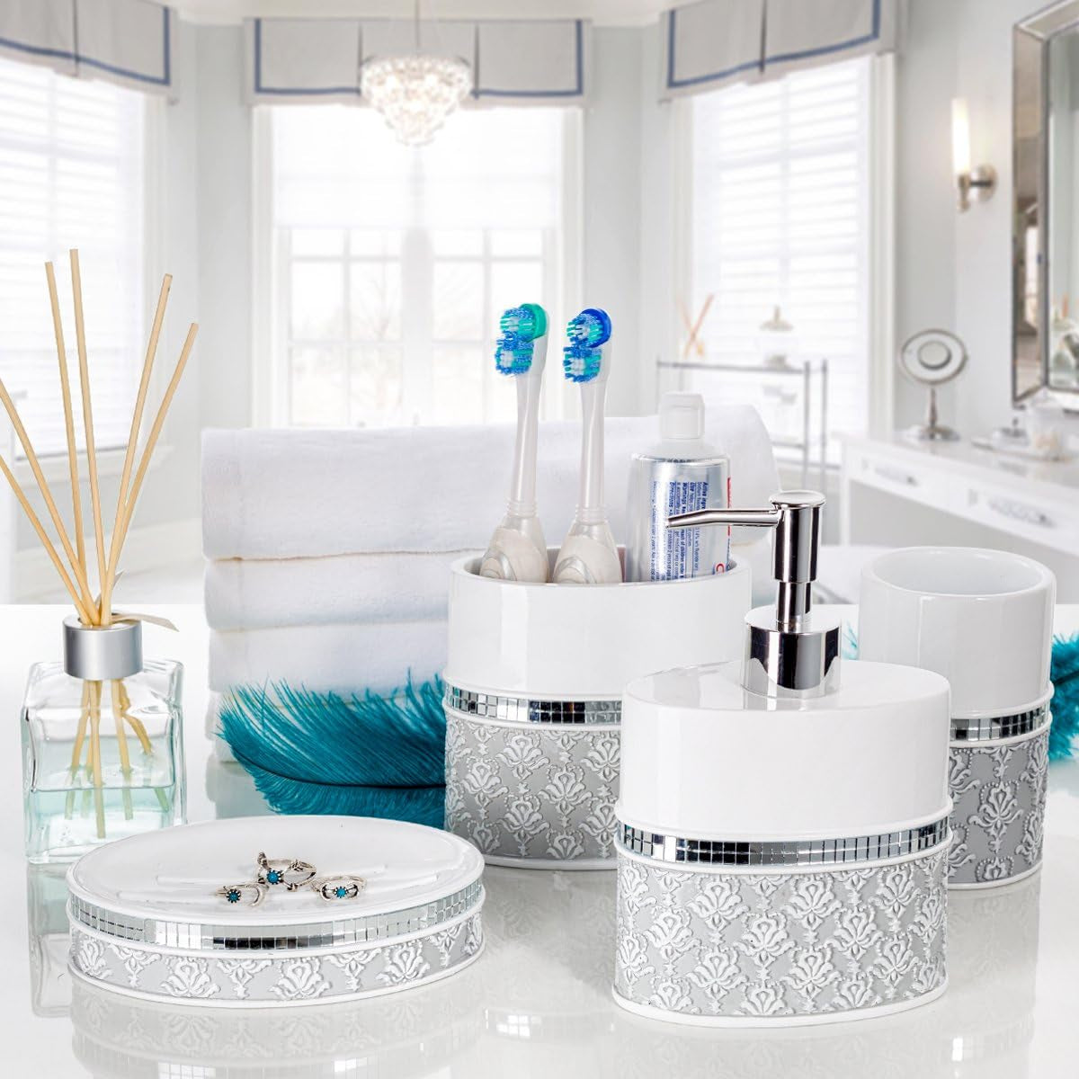 Creative Scents Bathroom Accessory Set - White and Gray Bathroom Décor Set - 4 Piece Decorative Bathroom Set Includes: Soap Dispenser, Soap Dish, Toothbrush Holder and Tumbler (Mirror Damask) Bath Bathroom Accessories Bathroom Accessory Sets Home & Kitchen