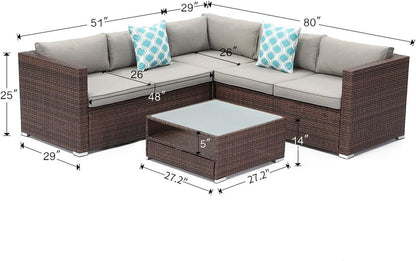 COSIEST 4-Piece Outdoor Furniture Set All-Weather Brown Wicker Sectional Sofa W Warm Gray Thick Cushions, Glass Coffee Table, 2 Teal Pattern Pillows Lawn & Garden Patio Patio Furniture & Accessories Patio Seating Sofas