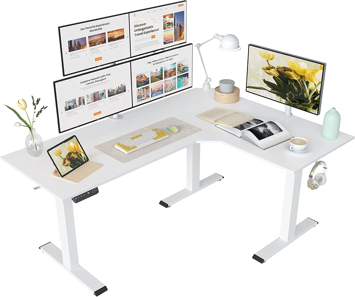 FEZIBO Triple Motor 63" L Shaped Standing Desk with 3 Drawers, Electric Standing Gaming Desk Adjustable Height, Corner Stand up Desk with Splice Board, White Frame/White Top Furniture Home & Kitchen Home Office Desks Home Office Furniture