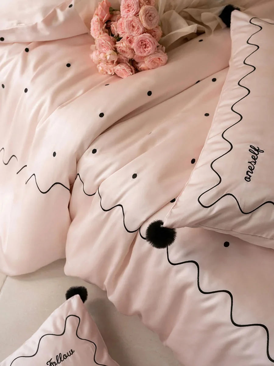 Silky Pom Pom Wavy Embroidered Tencel Bedding Set