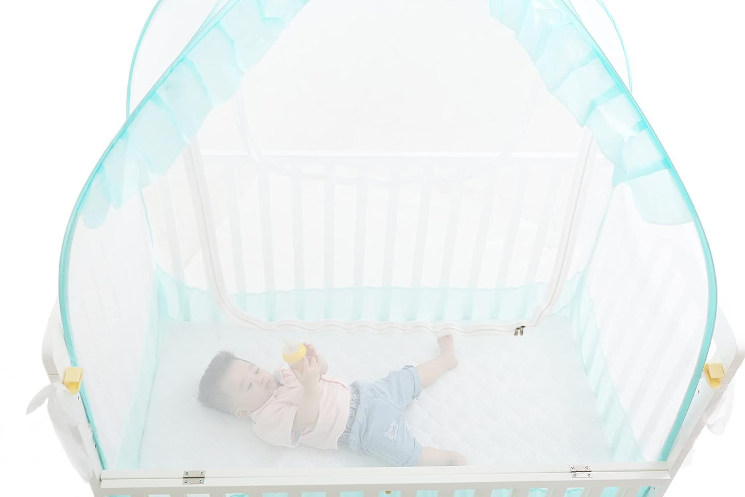 Crib Tent to Keep Toddler In, V-Fyee Baby Bed Tent Safety Mosquito Netting Canopy Cover to Protect Baby from Biting and Falling - Keep Baby from Climbing Out (Cyan, L51”X W27.5” X H51”) Baby Bedding Baby Products Bedding Bedding Accessories Mosquito Protection Nursery