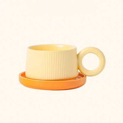 Ribbed Ceramic Donut Handle Mug and Saucer Set