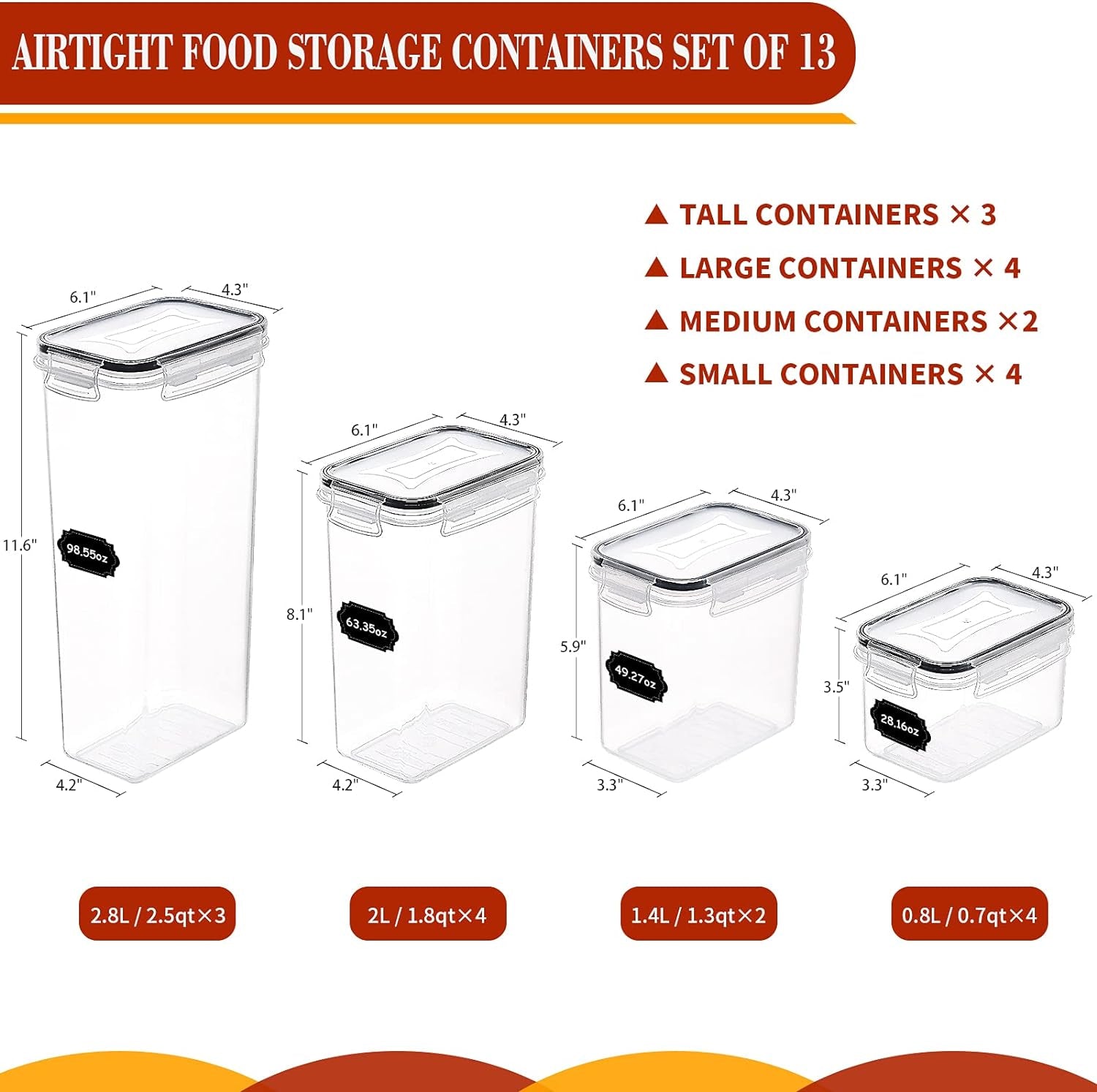 PRAKI Airtight Food Storage Container Set of 13, BPA Free - Kitchen Pantry Organization Containers, Cereal & Dry Food Storage Containers for Cereal, Flour, Sugar - 20 Labels & Marker, Grey Container Sets Food Containers Food Storage Home & Kitchen Kitchen & Dining Storage & Organization