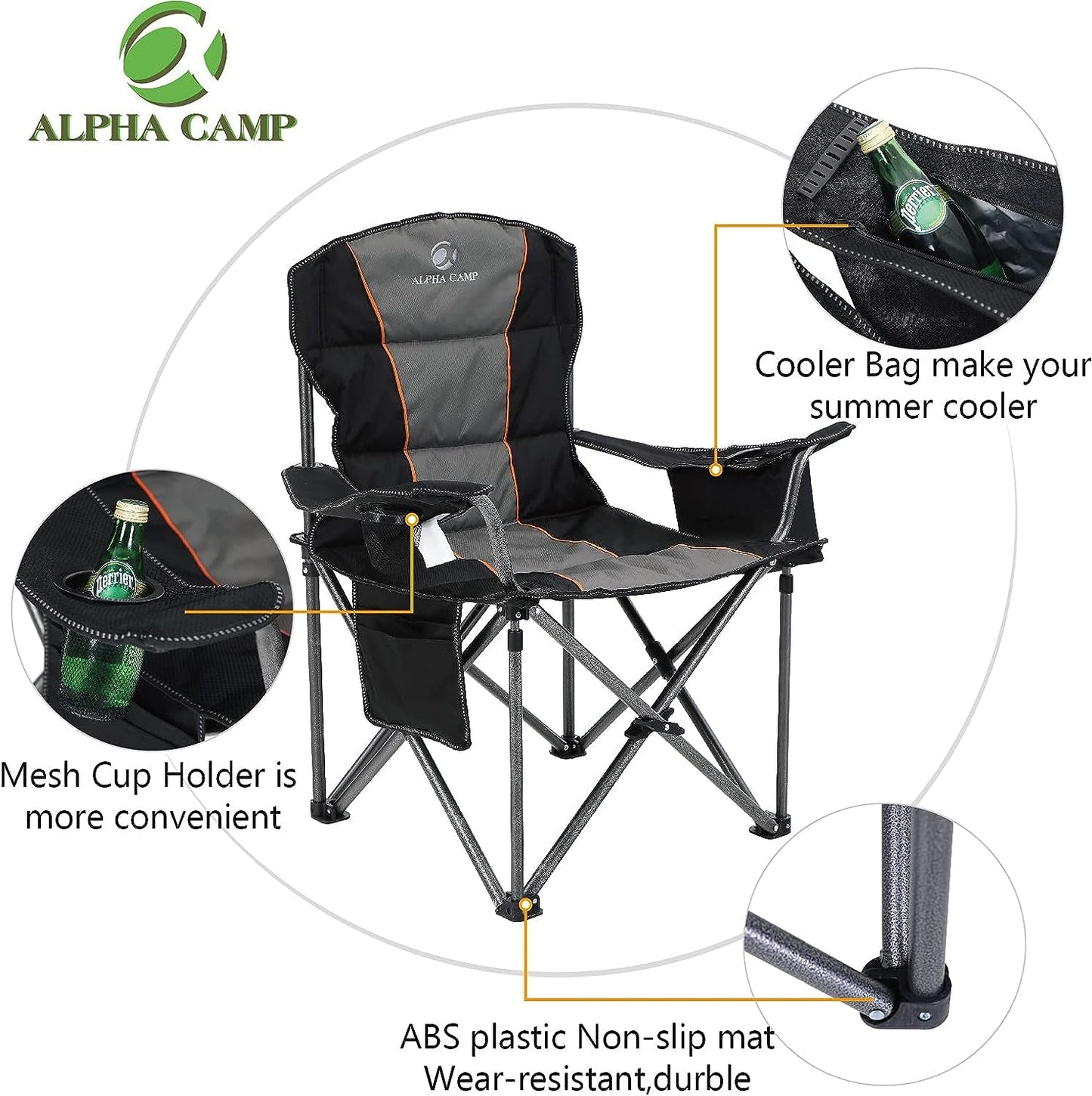 ALPHA CAMP Oversized Camping Folding Chair, Heavy Duty Support 450 LBS Steel Frame Collapsible Padded Arm Chair with Cup Holder Quad Lumbar Back, Portable for Outdoor,Black Camping & Hiking Camping Furniture Chairs Outdoor Recreation Sports & Outdoors