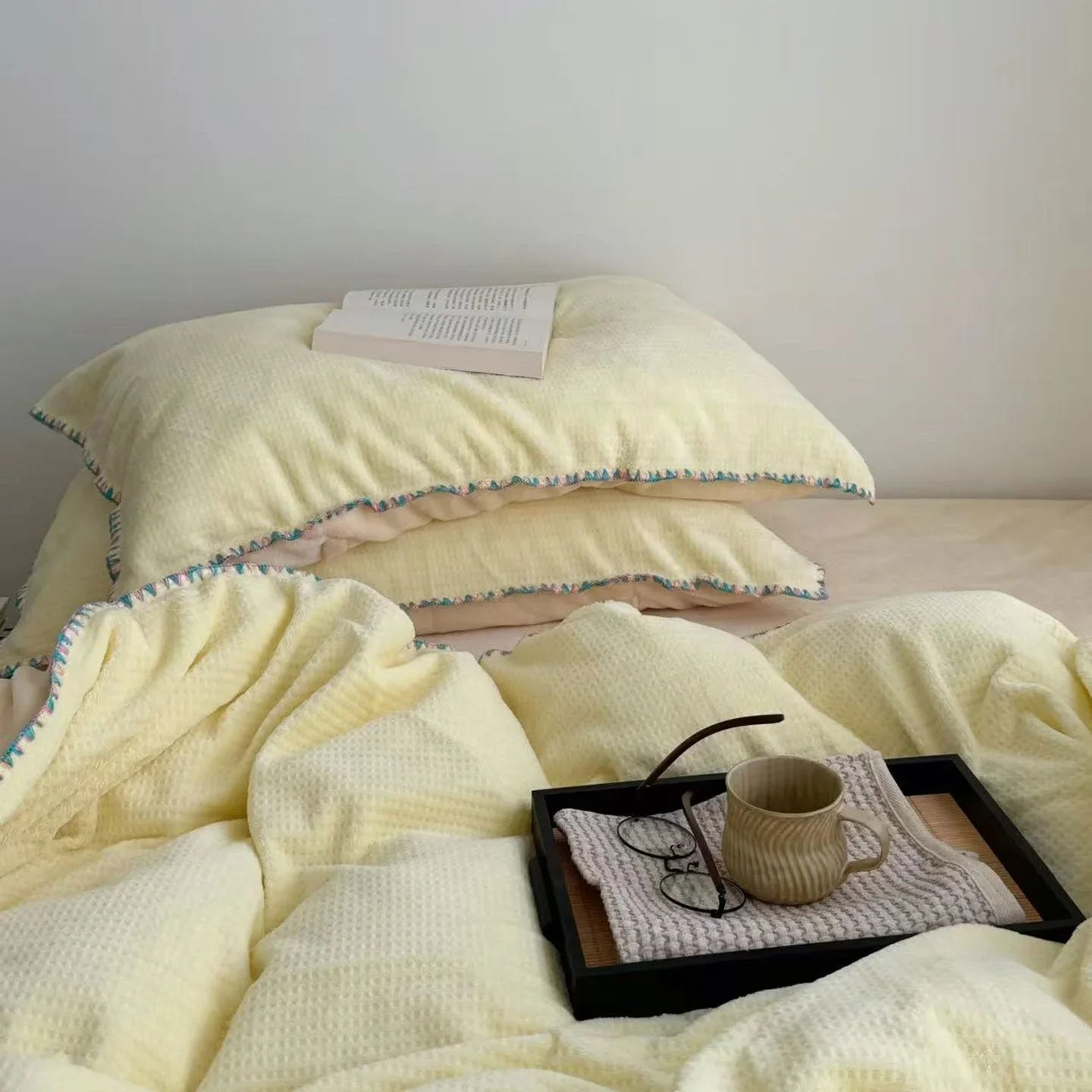 Plush Waffle Fleece Bedding Set with Crochet Trim