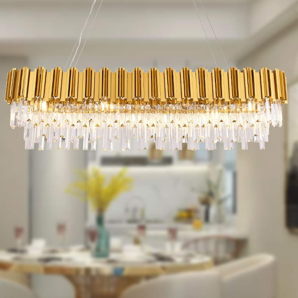 Modern K9 Crystal Chandelier Pendant Light Fixture, Rectangular Ceiling Lamp with 8-Lights for Dining Room & Kitchen, Finished in Chrome, L33.5 Inch Ceiling Lights Chandeliers Lighting & Ceiling Fans Tools & Home Improvement