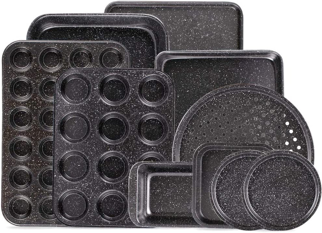 10-Piece Nonstick Baking Set with Baking Pan, Cookie Sheet Set, Cake /Muffin Pan, and Pizza Pan, 10-Piece Set Bakeware Sets (Ceramic Coated Black) Bakeware Bakeware Sets Home & Kitchen Kitchen & Dining