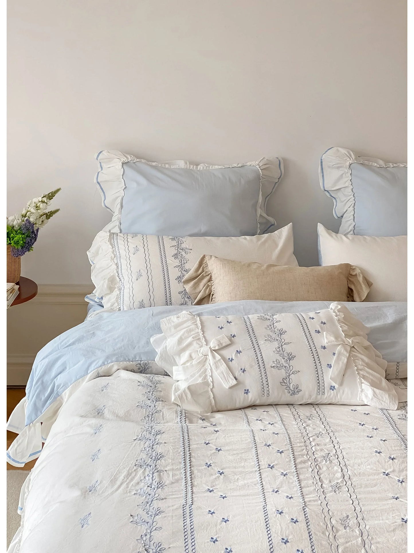 Ruffled Floral Vine Embroidered Cotton Bedding Set