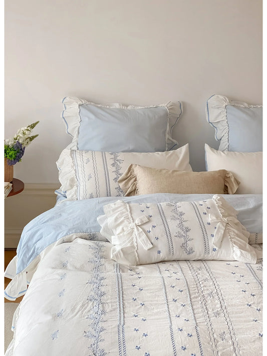 Ruffled Floral Vine Embroidered Cotton Bedding Set