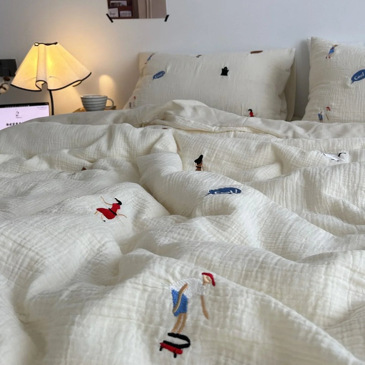 Textured Whimsical Embroidered Washed Cotton Bedding Set