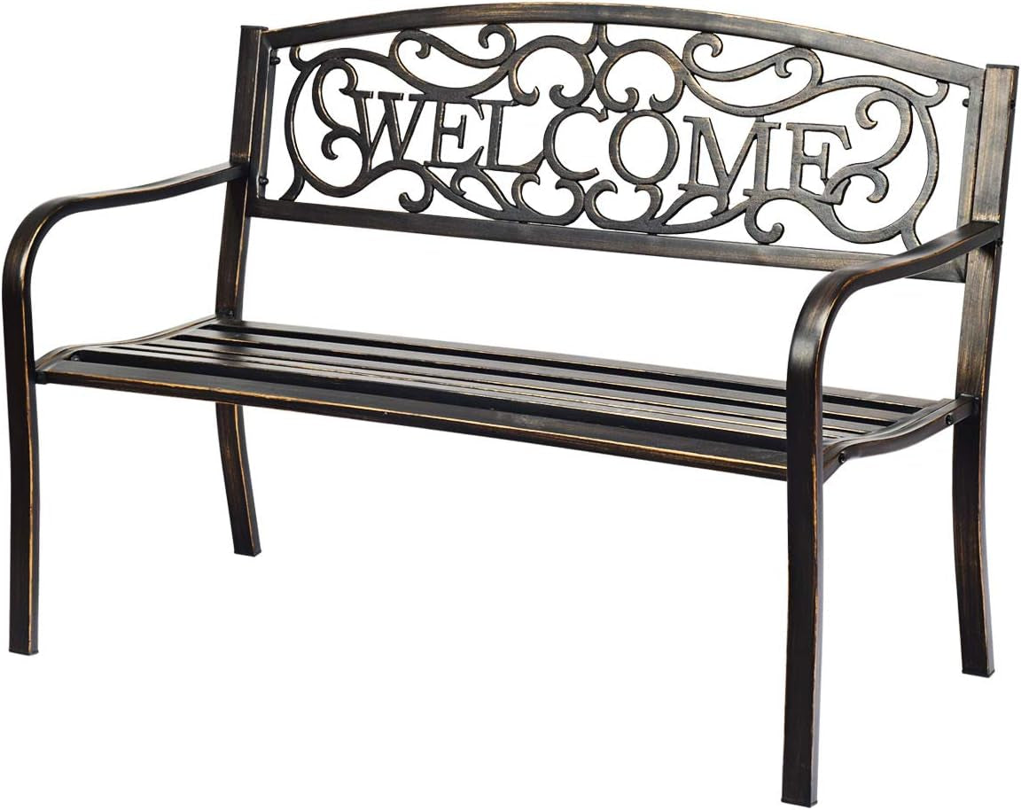 Giantex Garden Bench, Antique Metal outside Bench W/Warm Welcome Pattern, Elegant Bronze Finish and Durable Iron Frame for Park Yard Porch Chair (Black) Benches Lawn & Garden Patio Patio Furniture & Accessories Patio Seating