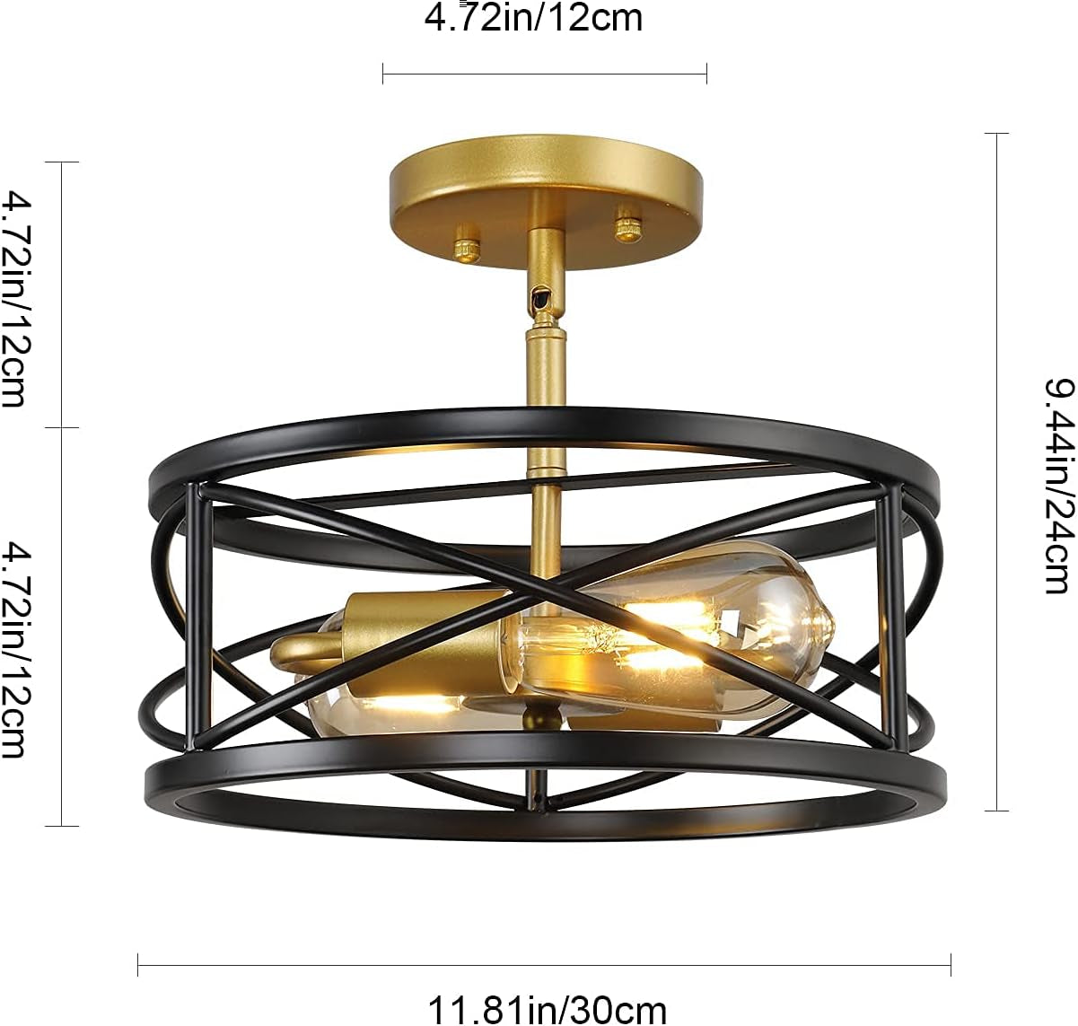 Semi Flush Mount Ceiling Light Fixtures, 2-Light Modern Kitchen Ceiling Light Farmhouse Industrial Sloped Ceiling Lighting with for Metal Drum Cage Hallway Bedroom Stair, Black and Gold Ceiling Lights Close To Ceiling Lights Lighting & Ceiling Fans Tools & Home Improvement