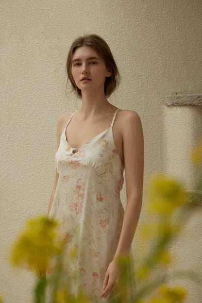 Silky Vintage Floral Cotton Sateen Slip Dress