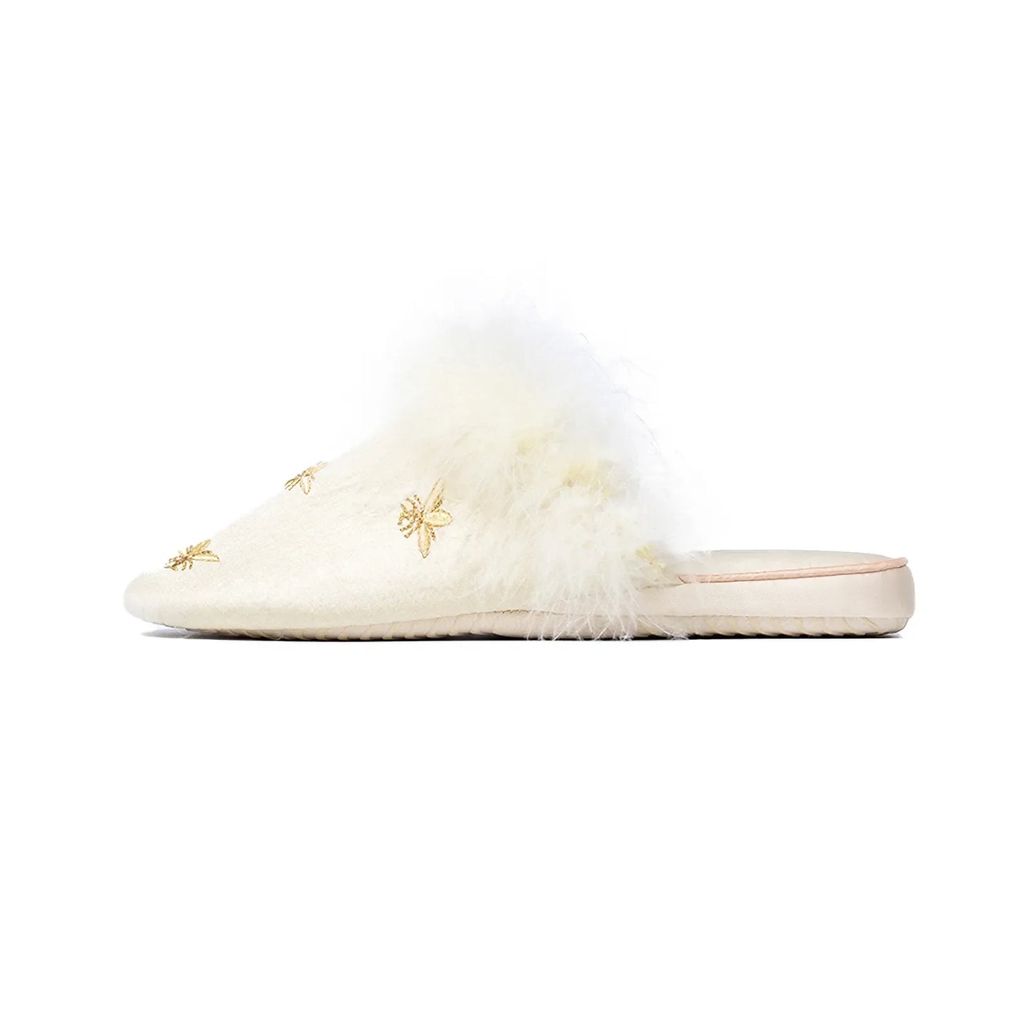 Fluffy Embroidered Bee Satin House Slippers