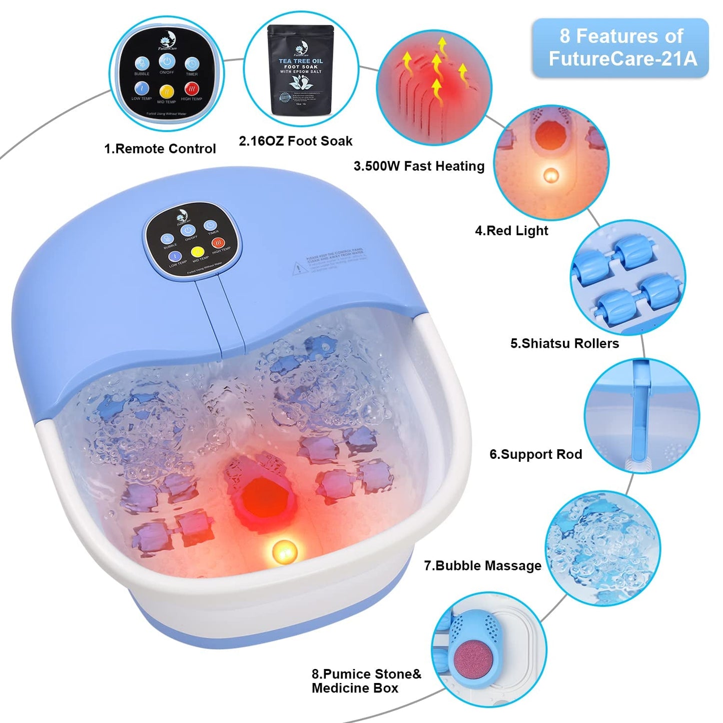 Foot Spa Bath Massager with Heat Bubbles and Vibration Massage and Jets, Futurecare Pedicure Foot Spa Tub for Soaking Feet, Collapsible Foot Spa Bath Bucket with 16OZ Tea Tree Oil Foot Soak Epsom Salt Beauty & Personal Care Foot Foot Baths & Spas Hand & Nail Care Tools & Accessories