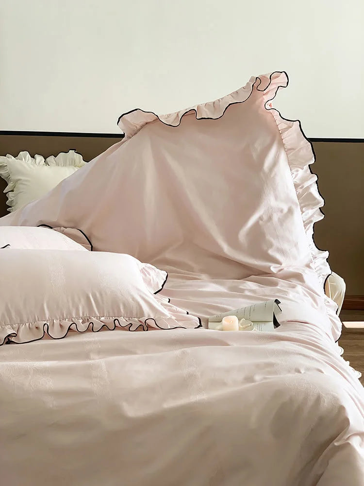 Silky Ruffled Jacquard Tencel Bedding Set with Contrast Trim