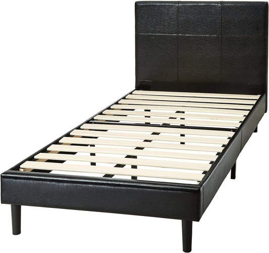 Amazon Basics Faux Leather Upholstered Platform Bed Frame with Wooden Slats, Twin, Black, 78"L X 40.5"W X 40"H Bedroom Furniture Beds Frames & Bases Furniture Home & Kitchen