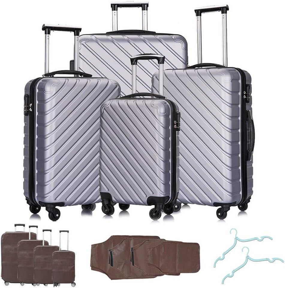 Apelila Hardshell Luggage ABS Luggages Sets with Spinner Wheels Hard Shell Spinner Carry on Suitcase(Silver, 4 PCS) Clothing Luggage Luggage & Travel Gear Luggage Sets Shoes & Jewelry