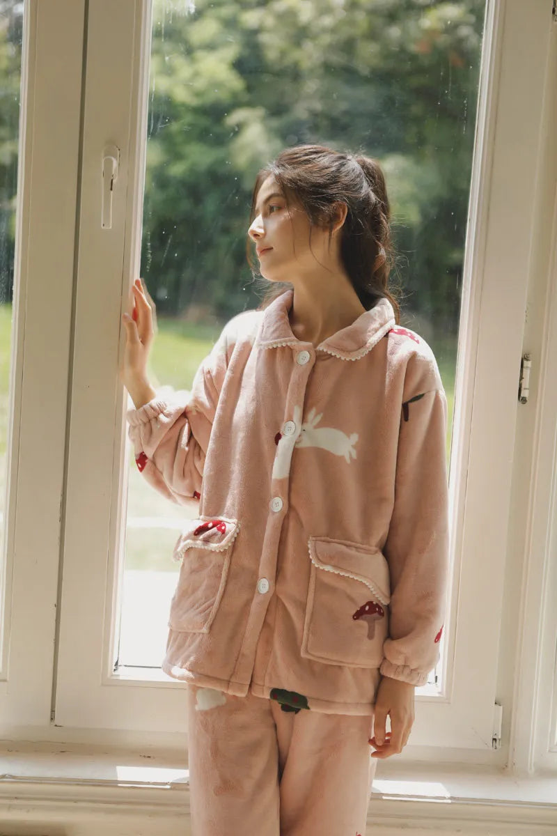 Plush Rabbit & Mushroom Flannel Fleece Pajama Set