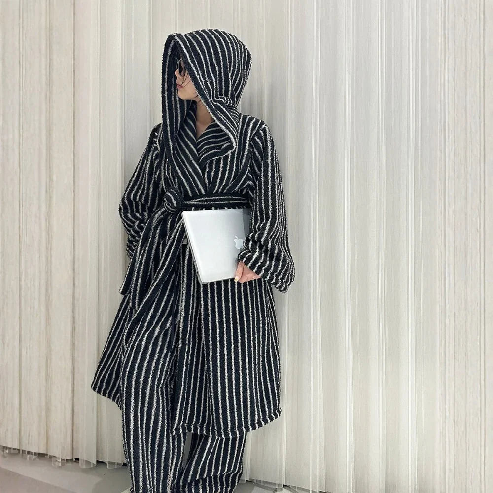 Plush Striped Fleece Hooded Pajama Set
