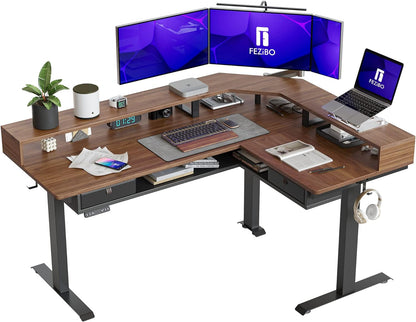 FEZIBO Triple Motor 63" L Shaped Standing Desk with 3 Drawers, Electric Standing Gaming Desk Adjustable Height, Corner Stand up Desk with Splice Board, White Frame/White Top Furniture Home & Kitchen Home Office Desks Home Office Furniture