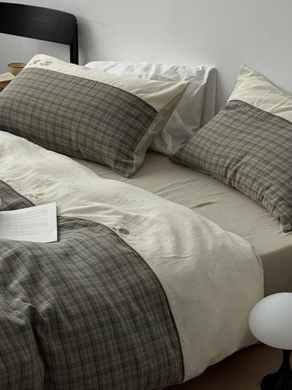 Soft Embroidered Floral Plaid Washed Cotton Bedding Set