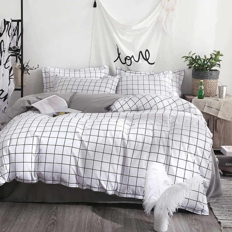 Plain Grid Bedding Set AESTHETIC_Indie bed sheet bedsheets grey grid SUB CATEGORY_Bedding Sets