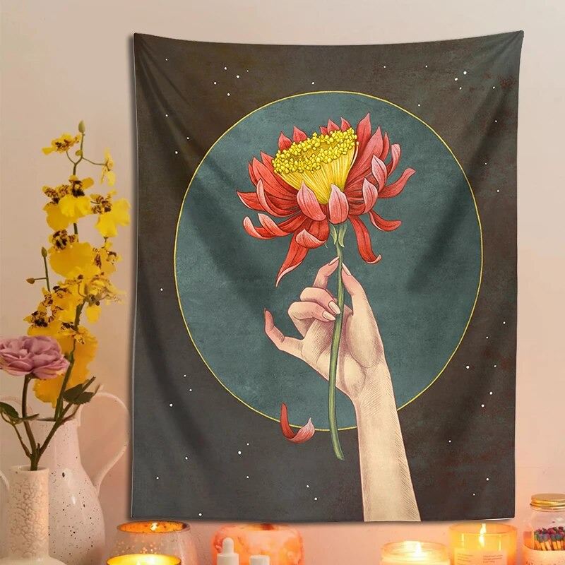 The Red Flower Tapestry floral moon