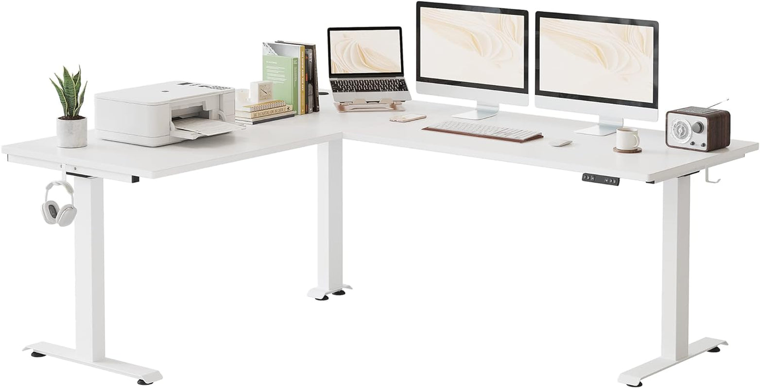 FEZIBO Triple Motor 63" L Shaped Standing Desk with 3 Drawers, Electric Standing Gaming Desk Adjustable Height, Corner Stand up Desk with Splice Board, White Frame/White Top Furniture Home & Kitchen Home Office Desks Home Office Furniture