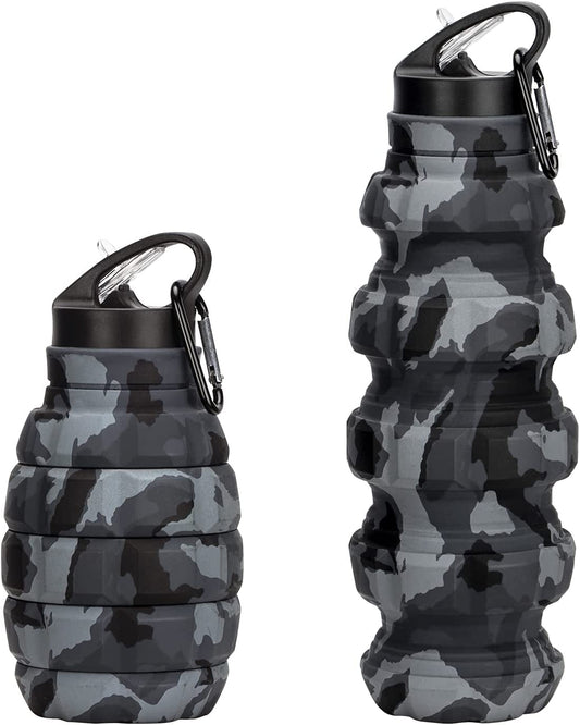 Collapsible Travel Water Bottle18Oz, Reuseable Silicone Foldable Water Bottles for Gym Camping Hiking, Portable Leak Proof Sports Water Bottle with Carabiner (Dark Gray Camouflage Cup) Sports & Outdoor Recreation Accessories Sports & Outdoors Sports Water Bottles