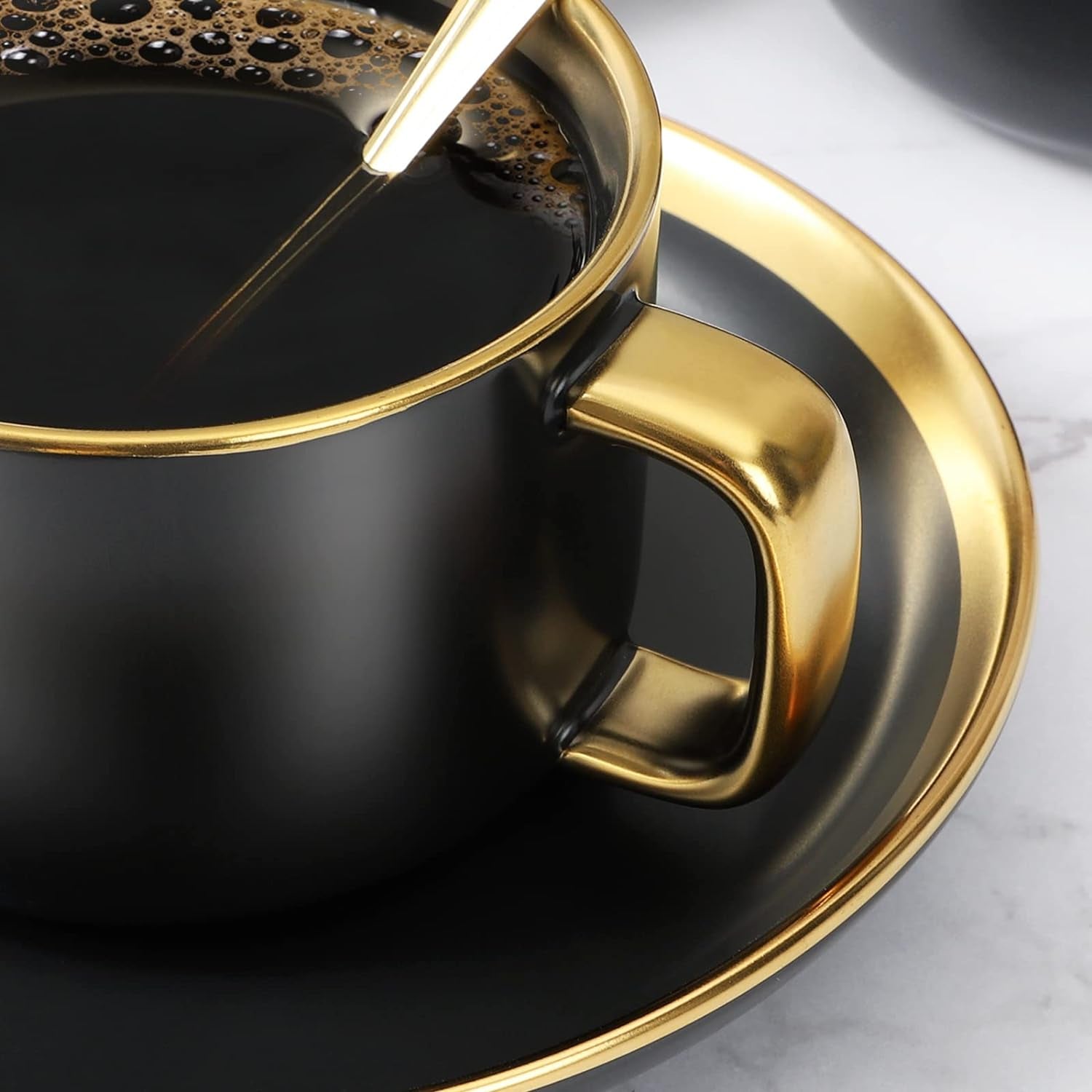 European Style Luxury Gold Rim Tea Cup and Saucer Set,8.5 Oz Ceramic Tea Cup Coffee Cup Set(Black 4 Pack) & Saucers Cup & Saucer Sets Cups Dining & Entertaining Glassware & Drinkware Home & Kitchen Kitchen & Dining Mugs