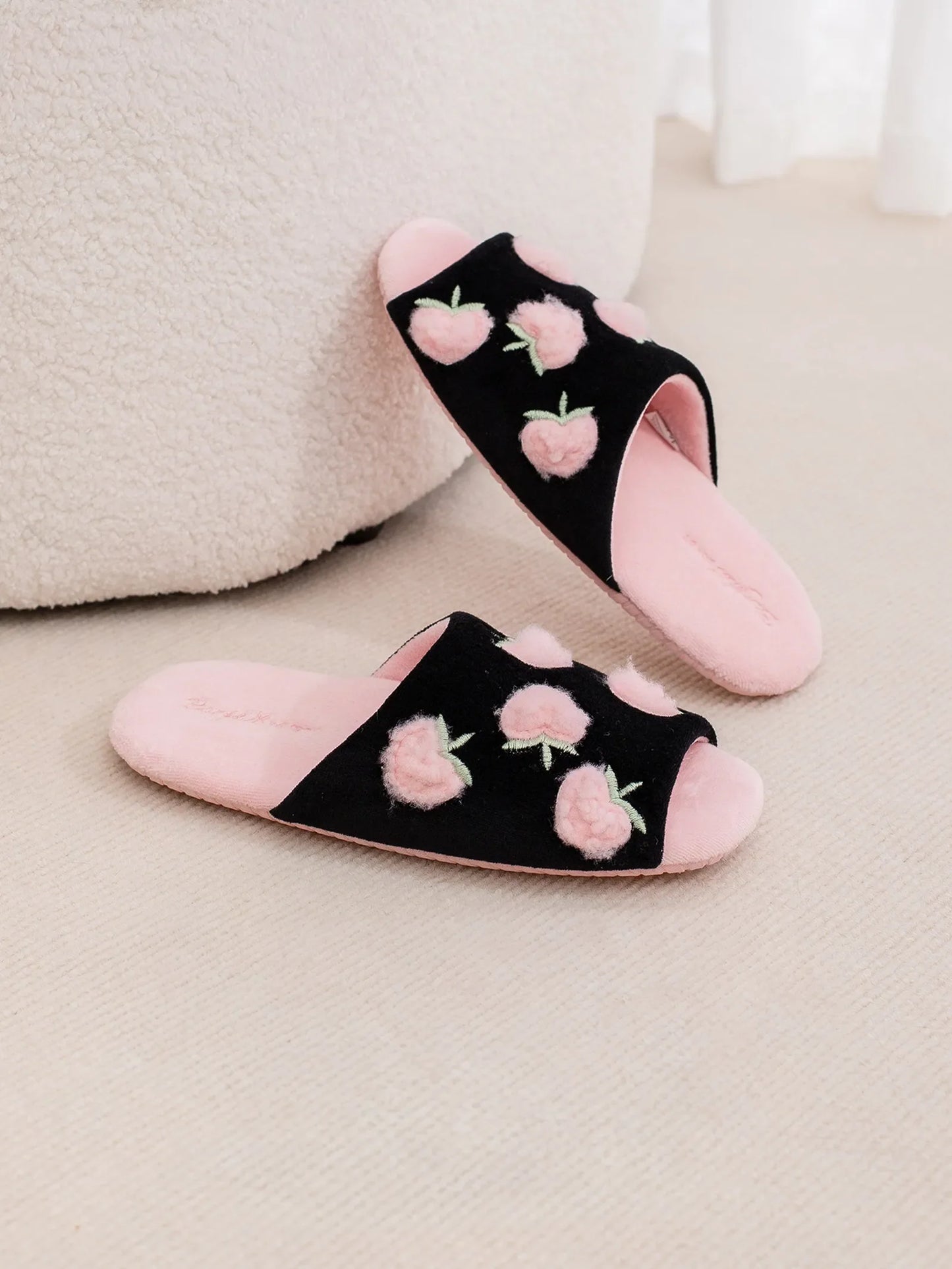 Fuzzy Peach Embroidered Plush Fleece Slides