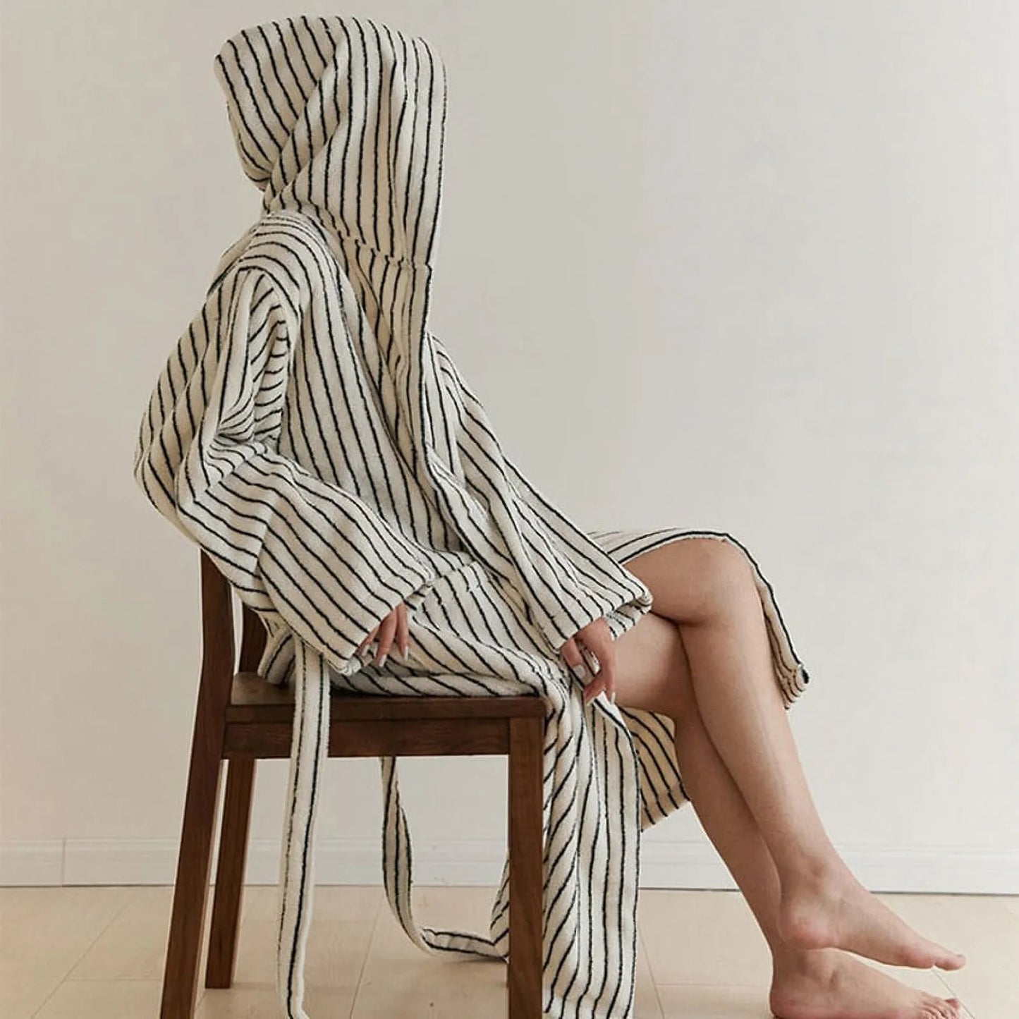 Plush Striped Long-Staple Cotton Hooded Robe