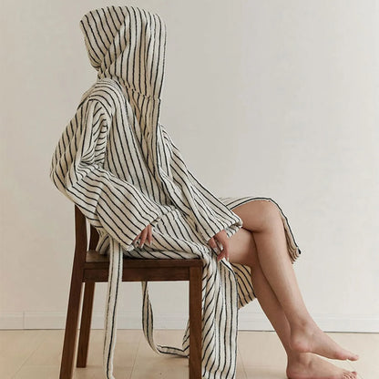 Plush Striped Long-Staple Cotton Hooded Robe