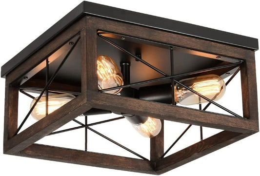 Wooden Flush Mount Ceiling Light, 4-Light Rustic Farmhouse Light Fixtures, Industrial Square Ceiling Light Fixture with E26 Socket for Kitchen Entryway Living Room Dining Room Bedroom Ceiling Lights Close To Ceiling Lights Lighting & Ceiling Fans Tools & Home Improvement