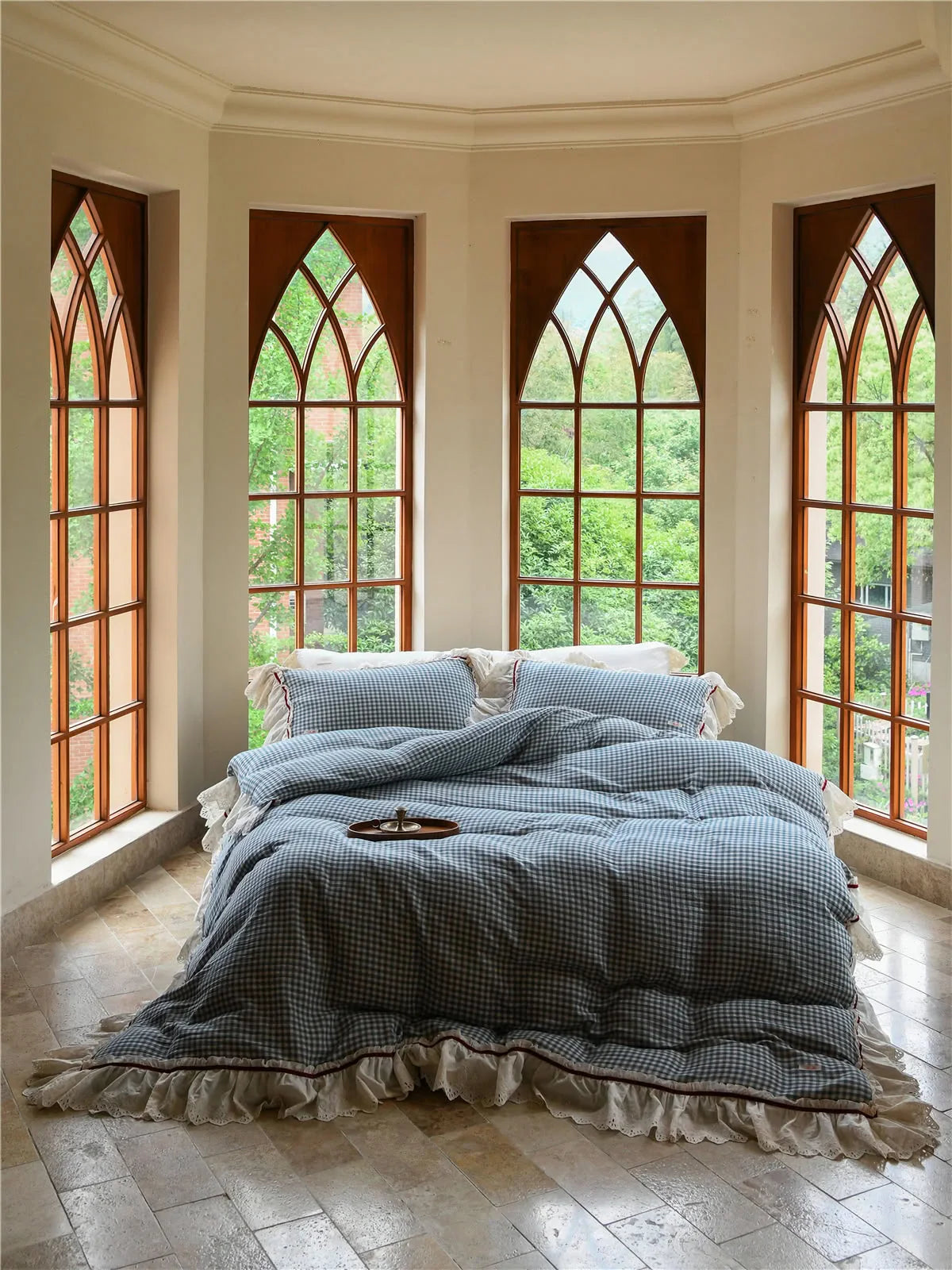 Lace Ruffle Gingham Washed Cotton Bedding Set