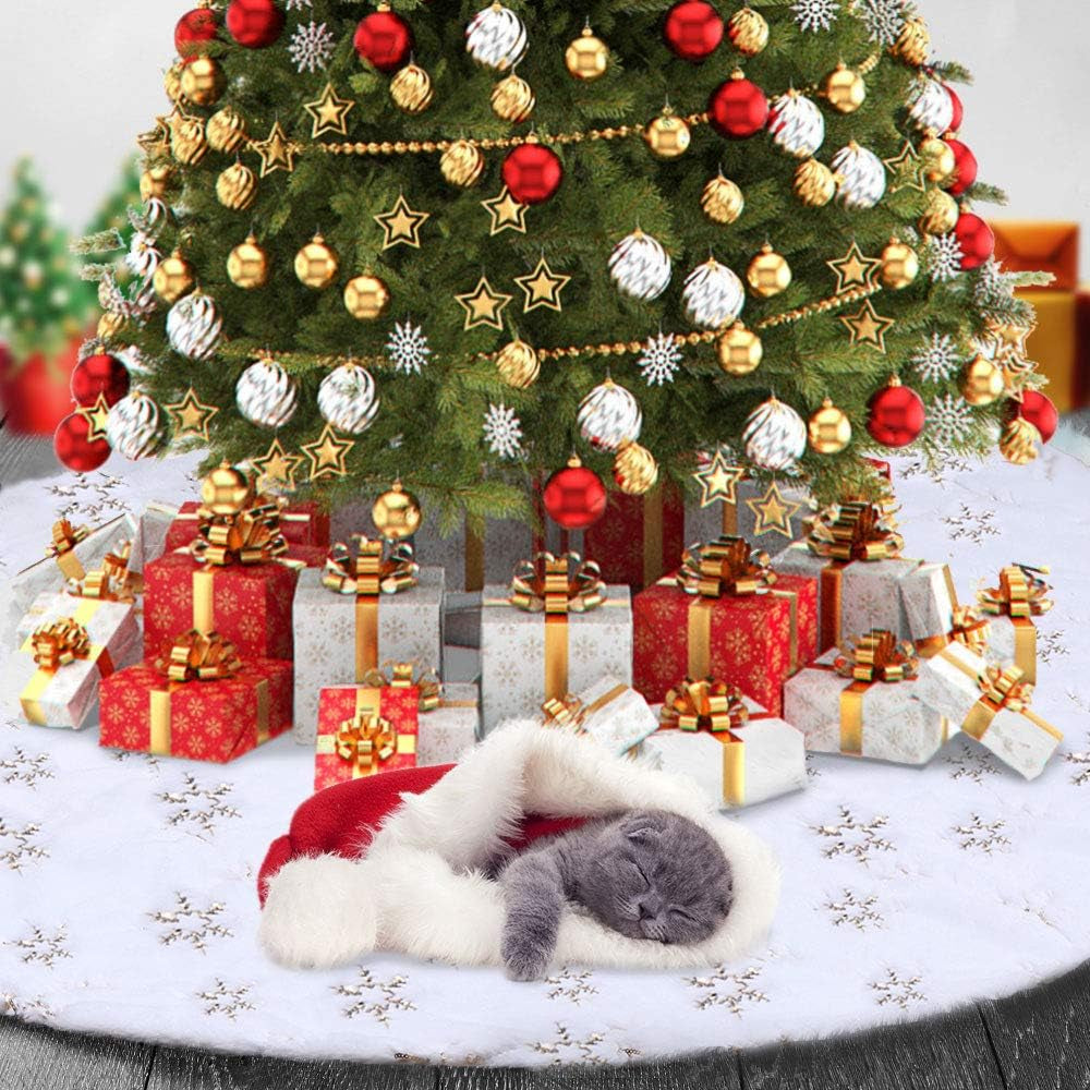 Christmas Tree Skirt - 48 Inches Large Snowy White Faux Fur Tree Skirt with Golden Snowy Pattern for Christmas Decorations Indoor Outdoor Home & Kitchen Seasonal Décor Tree Skirts