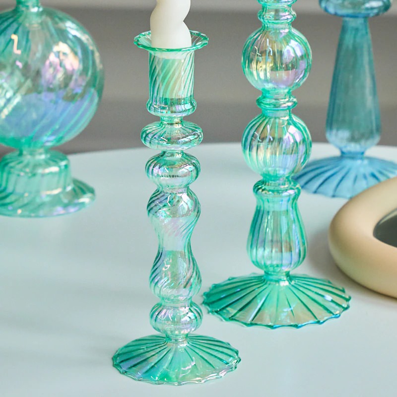 Aqua Blue Glass Candle Holder blown glass candle holder set candleholder