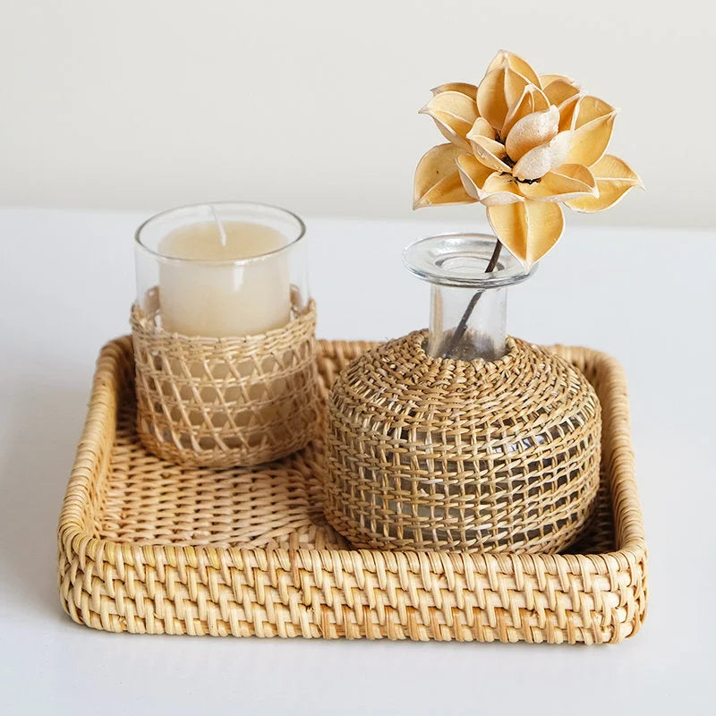 Handwoven Rattan & Glass Bud Vase