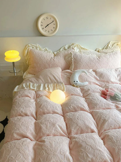 Plush Ruffled Embossed Bow Flannel Fleece Bedding Set